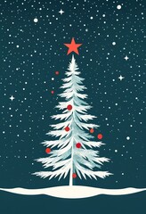 Wall Mural - A stylized snow covered Christmas tree adorned with red ornaments stands under a falling snow backdrop. A red star tops the tree in this winter scene