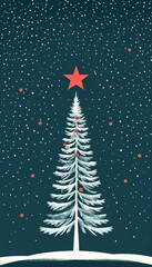 Wall Mural - A stylized snow covered Christmas tree adorned with red ornaments stands under a falling snow backdrop. A red star tops the tree in this winter scene