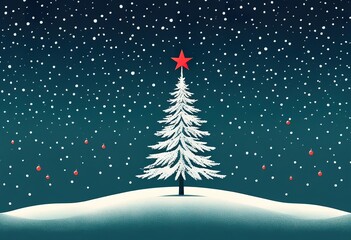 Wall Mural - A stylized snow covered Christmas tree adorned with red ornaments stands under a falling snow backdrop. A red star tops the tree in this winter scene