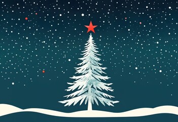 Wall Mural - A stylized snow covered Christmas tree adorned with red ornaments stands under a falling snow backdrop. A red star tops the tree in this winter scene