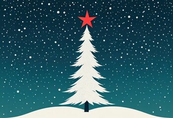 Wall Mural - A stylized snow covered Christmas tree adorned with red ornaments stands under a falling snow backdrop. A red star tops the tree in this winter scene