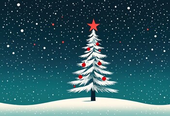 Wall Mural - A stylized snow covered Christmas tree adorned with red ornaments stands under a falling snow backdrop. A red star tops the tree in this winter scene