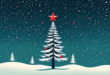 Wall Mural - A stylized snow covered Christmas tree adorned with red ornaments stands under a falling snow backdrop. A red star tops the tree in this winter scene