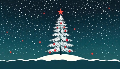 Wall Mural - A stylized snow covered Christmas tree adorned with red ornaments stands under a falling snow backdrop. A red star tops the tree in this winter scene