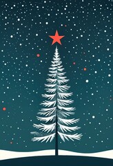 Wall Mural - A stylized snow covered Christmas tree adorned with red ornaments stands under a falling snow backdrop. A red star tops the tree in this winter scene