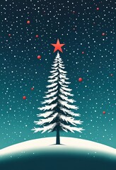 Wall Mural - A stylized snow covered Christmas tree adorned with red ornaments stands under a falling snow backdrop. A red star tops the tree in this winter scene