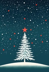 Wall Mural - A stylized snow covered Christmas tree adorned with red ornaments stands under a falling snow backdrop. A red star tops the tree in this winter scene