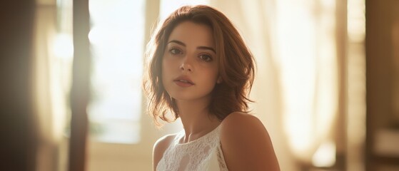 Wall Mural - woman with short brown hair and a white lace top in soft light