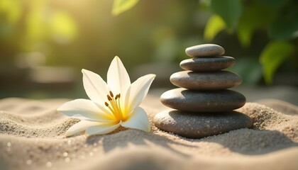 Sand, flower lily and spa stones in zen garden. Spa concept