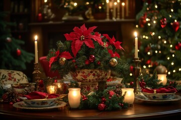 Elegant Christmas Table Setting with Red Poinsettias, Candles, and Festive Decorations in a Cozy Holiday Environment