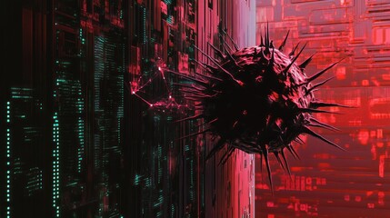 Spiked Virus Attacking Digital Cityscape