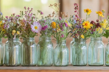 Poster - Wildflowers in Vintage Glass Jars Rustic Arrangement