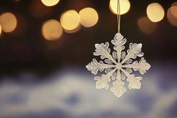 Wall Mural - Stunning Crystal Snowflake Ornament Hanging Against Bokeh Lights