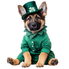 cute German shepherd puppy in green st patrick's day outfit, isolated on transparent background. St patrick’s day design element for poster, advertisement poster.