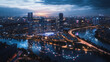 © Teeraphon - Smart digital Innovation city with connection network reciprocity over the cityscape. of future smart wireless digital city and social media networking systems that connects people with in city
