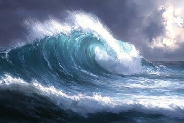 Wall Mural - powerful ocean wave crashing against shore with dark stormy clouds and dramatic lighting, capturing 