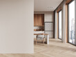 © ImageFlow - Modern interior space with blank wall next to dining area, wooden flooring, and large windows overlooking cityscape. 3D Rendering