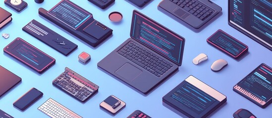 A flat lay of various vintage and modern computer equipment, including laptops, keyboards, monitors, and mice. The items are arranged on a light blue background.
