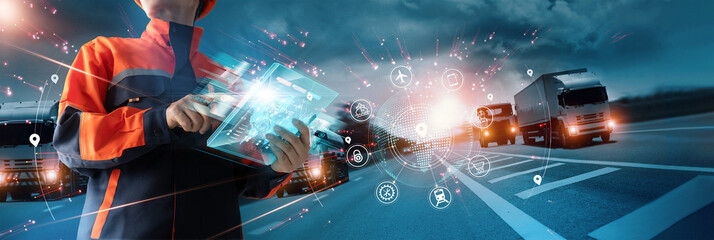 Aufkleber - .Engineer checking and control of Transportation and logistic network distribution with modern interface for Container cargo trucks of industrial cargo freight for import-export. Industry technology.