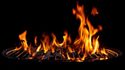 Wall Mural - barbecue grill with fire flames - empty fire grid on black background