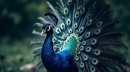 Naklejka na meble Using a soft background, low contrast, sharp subject focus, blurred bokeh, and a powerful somber style, a peacock displays its vibrant feathers.