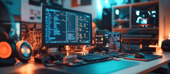 Close-up shot of a computer monitor displaying code with keyboard and mouse on a desk with blue and orange lighting.