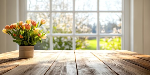 Wall Mural - A vase of flowers sits on a wooden table by a window