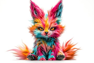  Rainbow Furry Fox: A vibrant, colorful fox with rainbow fur, sitting against a white background.  The image is playful, imaginative and perfect for projects needing a touch of whimsy. 