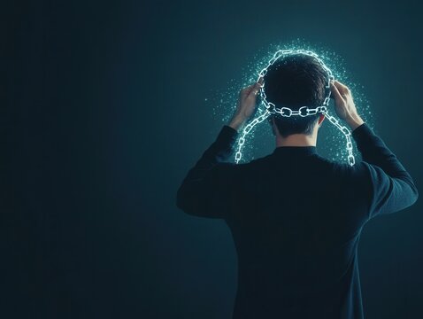 A silhouette of a person wearing a glowing chain around their head, symbolizing mental constraints and the struggle for freedom.