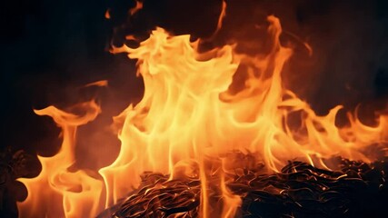 Aufkleber - Fiery Inferno: A mesmerizing close-up of vibrant, fiery flames dancing and swirling in the darkness.  The intense orange and yellow hues create a dramatic and powerful visual.