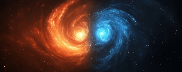 swirling orange and blue galaxies merging in