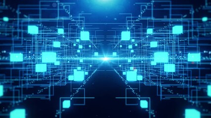 Technology grid blocks, dynamic data structures. glow particles form lines, Info concept lines and nodes, ai construction light grid. Lines form hologram information blocks, Hi-tech info technology.