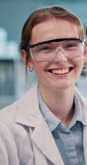 Wall Mural - Face, woman and scientist with smile at laboratory for healthcare investigation and research. Female person, microscope and happy with goggles as medical professional for science, virus and bacteria