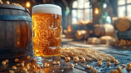 Wall Mural - A glass of beer with wheat and barley on a wooden table near a wooden barrel in a brewery.