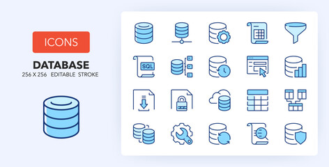 Wall Mural - line icons about database and data technology. contains such icons as server, storage, security and 