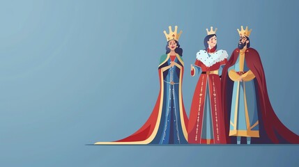 A cartoon illustration of three people in royal clothing.