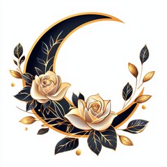 Wall Mural - Elegant Rose and Leaf Design with Crescent Moon Elements