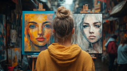 A woman admires two captivating portraits in a bustling urban gallery as rain softly falls