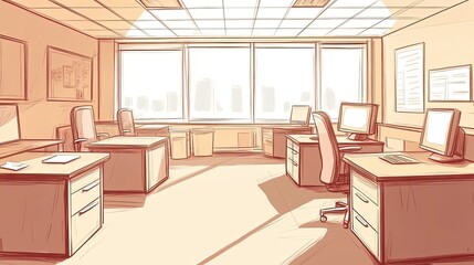 Wall Mural - Modern Office Workspace Design Sketch Showing Two Desks