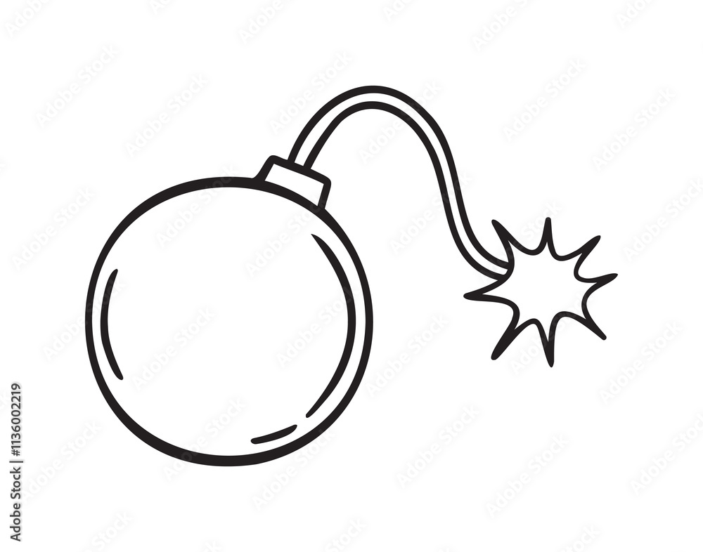 bomb with burning wick doodle hand drawn icon. Outline drawing bomb