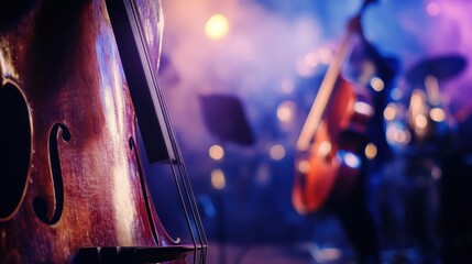 Wall Mural - A dynamic International Jazz Day scene with musical instruments and jazz musicians against a smoky jazz club background, macro shot, Jazzy style