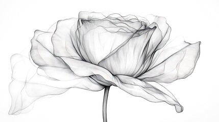 An abstract rose drawn in black and white, with flowing petals outlined in precise strokes, set on a flat white background, minimalist and elegant, hd quality. --ar 16:9