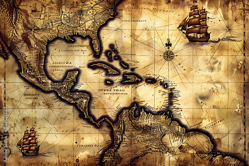 Vintage Map of the Caribbean with Ships and Compass Rose Stock ...