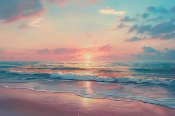 Wall Mural - A serene seascape with a soft, pastel sunset illuminating the ocean waves, A dreamy pastel sunset over a calm ocean