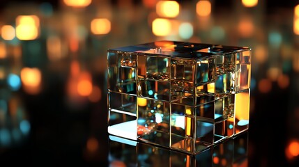 Wall Mural - A clear glass cube on a reflective surface with colorful bokeh lights in the background.