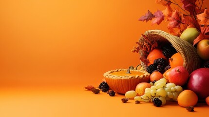 Wall Mural - A festive and celebratory Thanksgiving scene with a cornucopia of fruits and a pumpkin pie against an autumnal orange background, wide-angle shot, Classic style