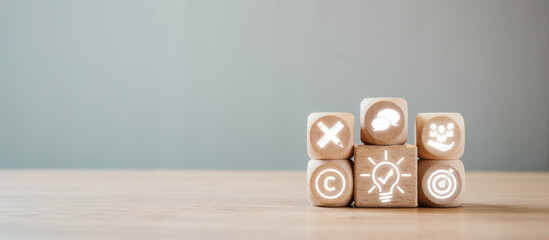 Wall Mural - wooden blocks with business icons representing corporate identity on a minimalist background, symbol