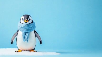 Canvas Print - A cartoon penguin wearing a scarf stands on snow against a blue background.