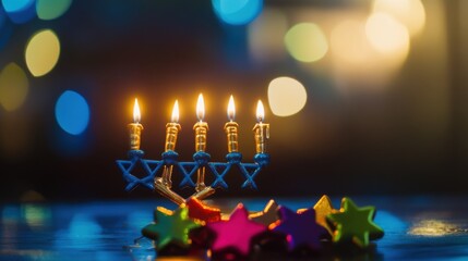 Wall Mural - A festive and colorful Hanukkah scene with menorahs and dreidels against a deep blue background, macro shot, Minimalist style