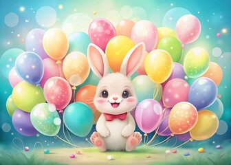 Wall Mural - Adorable Baby Rabbit Surrounded by Colorful Balloons for a Whimsical Greeting Card Design Featuring Double Exposure Photography